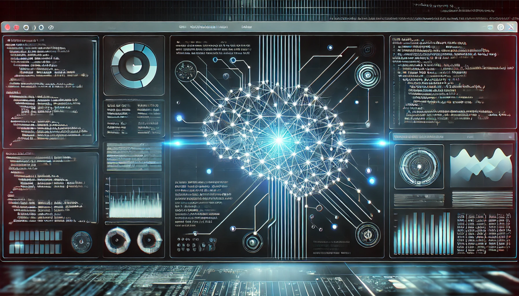 Ein modernes KI-Dashboard mit Codezeilen und einem neuronalen Netzwerk im Hintergrund.
