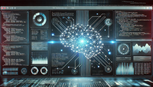 Ein modernes KI-Dashboard mit Codezeilen und einem neuronalen Netzwerk im Hintergrund.